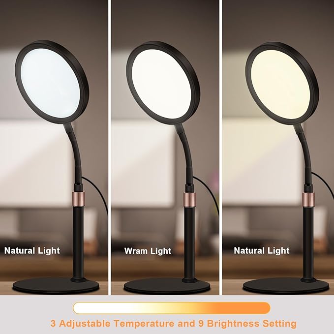 Light Therapy Lamp, UV-Free 10000 Lux Sun Therapy Light with 360° Gooseneck & 9 Brightness Happy Therapy Desk Lamp for Lift Mood (Black)