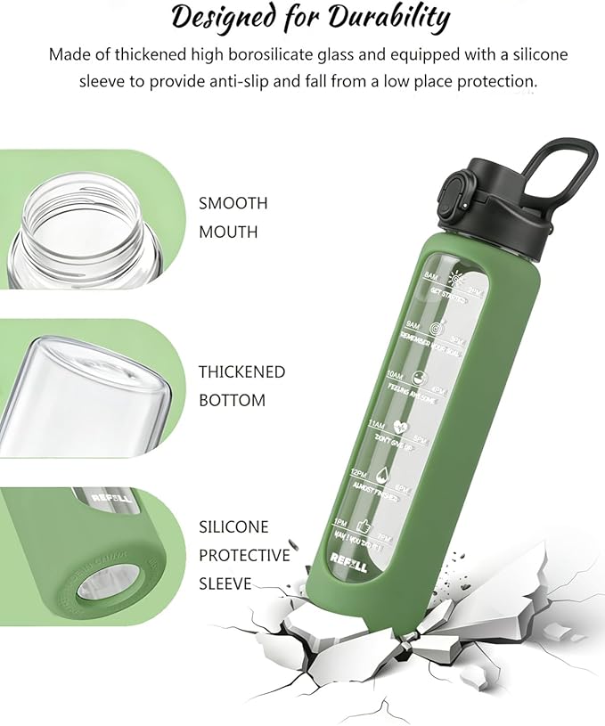 Nefeeko 32 oz Glass Water Bottles with Straw, Time Marker, Motivational 1 Liter BPA FREE Leakproof Reusable Glass Water Bottle with Silicone Sleeve, Bamboo, Spout Lid