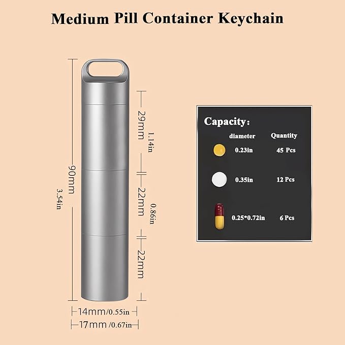 Small Keychain Pill Holder,304 Stainless Steel Portable Pill Case Organizer for Travel,Waterproof Pocket Pill Container Medicine Box for Purse Men (Medium Portable Pill Case)