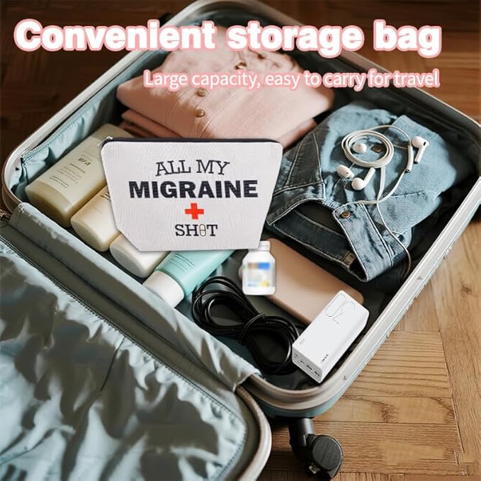 Migraine Medicine Bag for Travel Headache Meds Bag Gifts for Migraine Sufferers Headache Pouch Cosmetic Bags with Zipper Medical Bags for Patients Funny Pouch Pill Organizer Canvas Medication Pouches