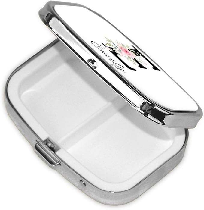 Custom Pill Box Personalized Square Small Pill Case with Mirror Add Your Photo Text Logo Name Decorative 2 Compartment Portable Metal Medicine Container Vitamin Organizer for Pocket Purse Travel (E)