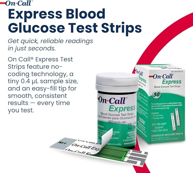 Blood Glucose Test Strips for Diabetes by On-Call Express, 50 Count, No Coding Needed, Quick Read in Seconds, Accurate Diabetic Blood Sugar Testing
