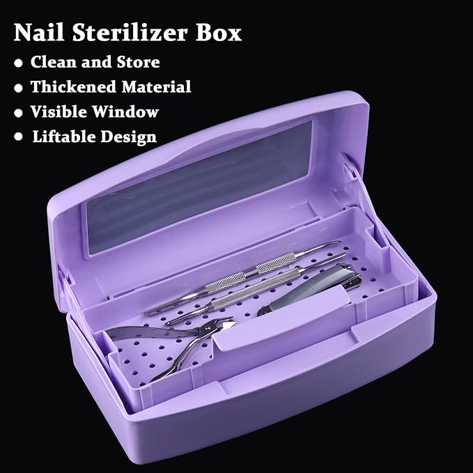 Nail Tool Sterilizer Box Plastic Disinfectant Container for Nail Art Accessories Tools, Sterilizer Soaking Box with Strainer Pedicure Manicure Cleaning Equipment, Purple