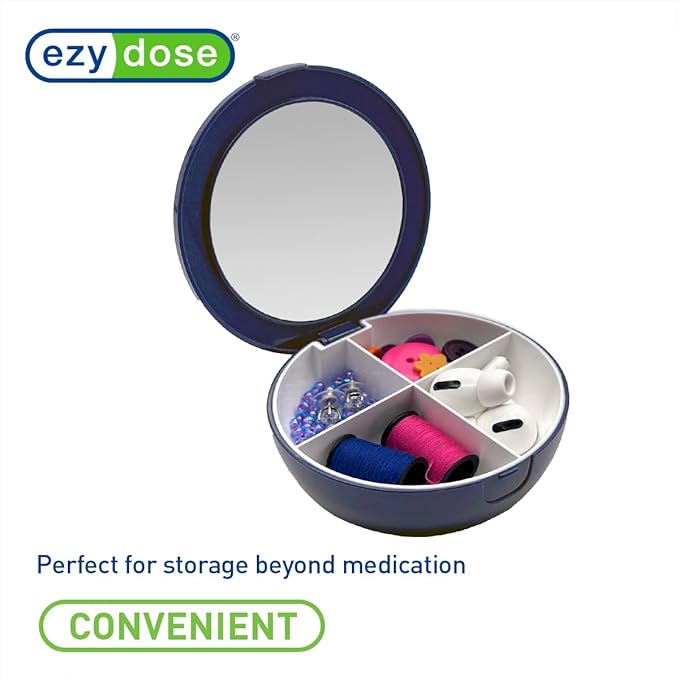 EZY DOSE Travel Pill Organizer with Built-in Mirror, Compact and Portable Medication Case for Daily Vitamins, Pills, and Medicine Management, Ideal for Travel and On-The-Go Use, Blue