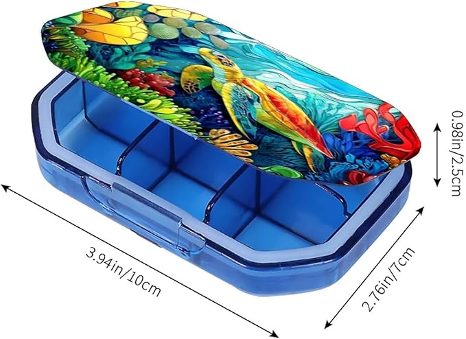 This Portable Colorful Coral Reef Sea Turtle Pattern 6 Compartment Pill Box Can Be Placed in A Pocket Or Wallet to Store Vitamins, Medicines Health Supplements Other Medications.