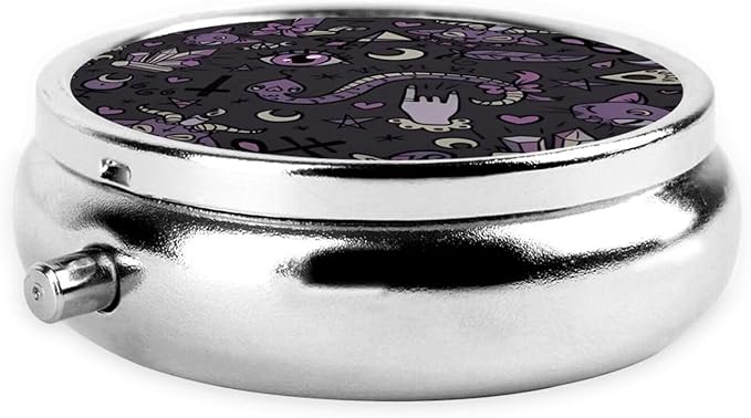 Purple Black Goth Spooky Printed Round Travel Pill Box Cute Small Metal Pocket Pill Case for Men & Women 3 Compartment Portable Pill Organizer for Purse or Pocket