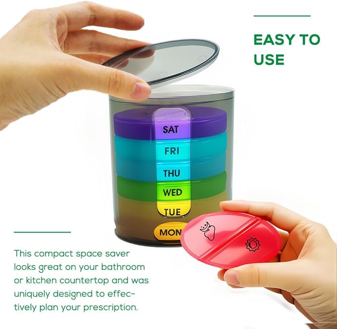 Weekly Pill Organizer (Twice-A-Day), Portable 7 Day Pill Box Case with Stackable AM/PM Compartments for Pills, Vitamin, Fish Oil, Supplements,Rainbow (Rainbow)