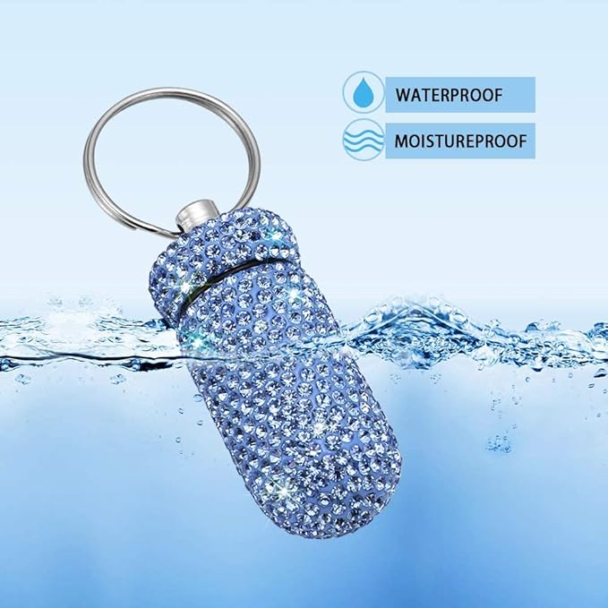 Portable Pill Case Pill Container Waterproof Pill Holder with Keychain Bling Pill Box Medicine Dispenser Bottle Storage for Outdoor Camping Travel (Sky Blue)