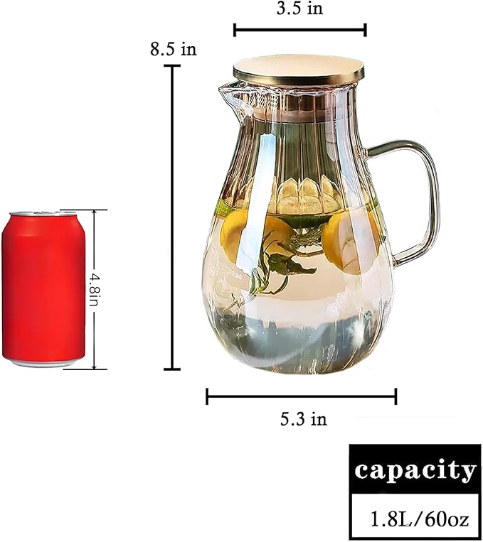 Glass Pitcher With Lid Amber Round Water Carafe with handle and Spout for Homemade Beverage, Juice,Hot Coffee, Iced Tea and Milk （62oz）