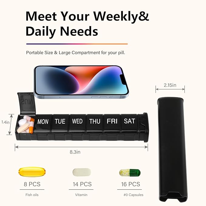 Weekly Pill Organizer 7 Day, Large Travel Safe Daily Pill Box, Moisture-Proof Vitamin Case Container w/Sleeve, Medicine Pill Holder Case for Supplement, Fish Oil, Dual Protection, Lightproof