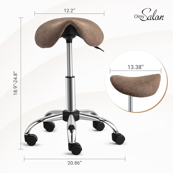 OmySalon Saddle Stool Rolling Chair, Ergonomic Saddle Chair with Swivel Wheels, Adjustable Hydraulic Stylist Cutting Stool for Salon Tattoo Massage Office Medical, Walnut