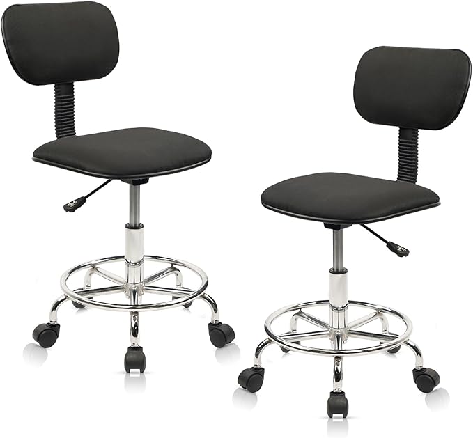 Low Wide Rolling Swivel Stool with Backrest, Adjustable Height Salon Chair Stools with Footrest for Spa Tattoo Office Desk Massage Task Lash Barber Facial, Black 2PK