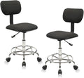 Low Wide Rolling Swivel Stool with Backrest, Adjustable Height Salon Chair Stools with Footrest for Spa Tattoo Office Desk Massage Task Lash Barber Facial, Black 2PK