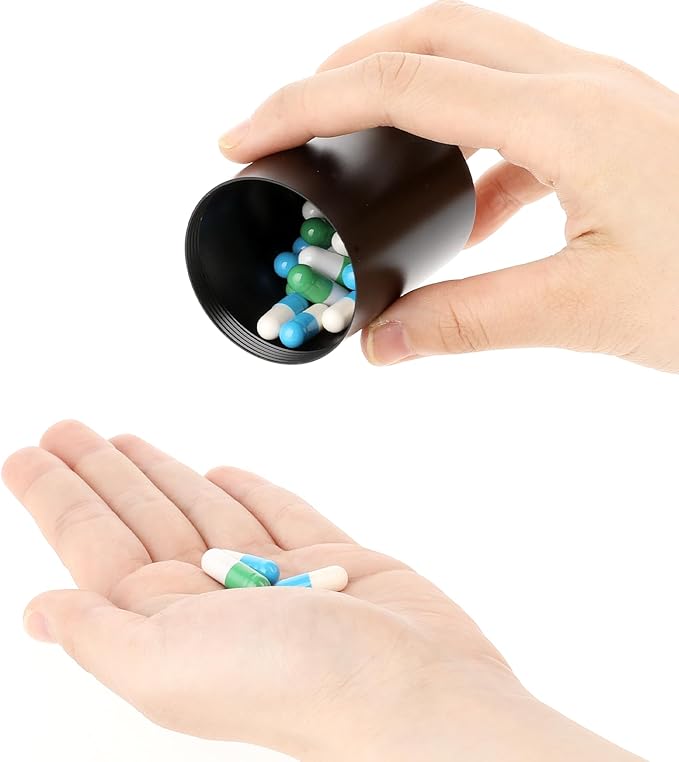 Portable Metal Small Pill Case, Round Alloy Pill Holder Pocket Small Pill Box Waterproof Medicine Organizer Bottle Container for Travel Outdoor Vitamin Fish Oils (Black)