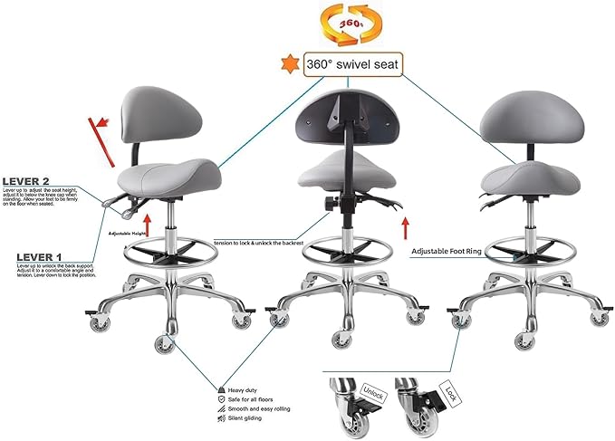 Saddle Stool Chair with Backrest and Footrest- Ergonomic Rolling Saddle Stools Hydraulic Swivel Adjustable Stool Esthetician Chair for Massage Beauty Salon Tattoo Dentist Clinic Home Office (Grey)