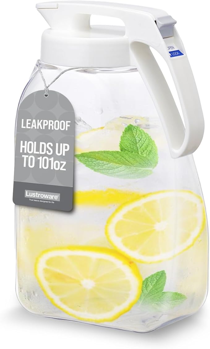 QuickServe Large Airtight Pitcher - 3L (101oz), Heat Resistant, BPA-Free SAN Plastic, One Touch Open & Close, Space-Saving, Made in Japan - White