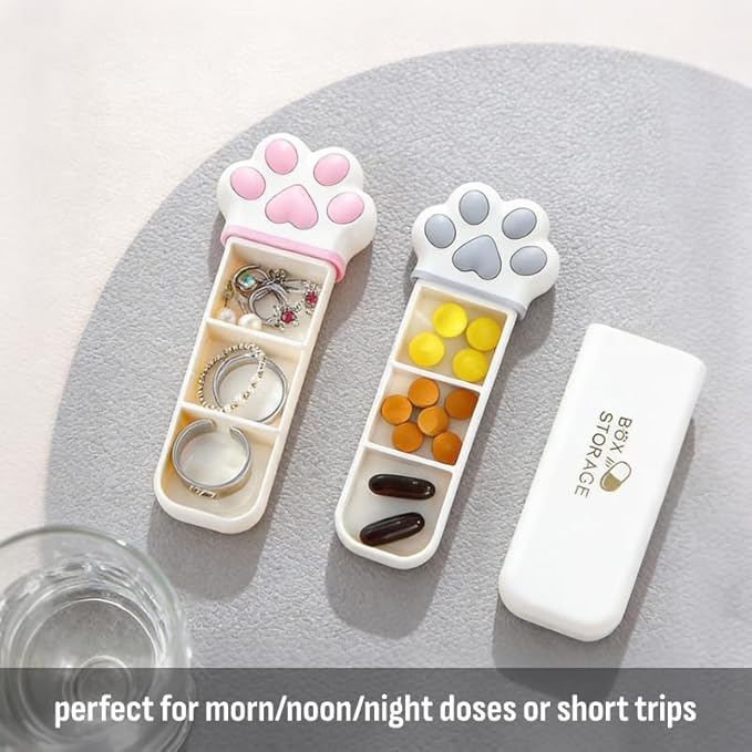 Cute Cat Paw Travel Pill Organizer, Small Pill Case Fits in Purse or Pocket, Compact Slim Pill Holder, Stylish 3 Compartments Moistureproof Vitamin Box (Grey)