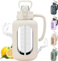64 oz Glass Water Bolttles Half Gallon Large Motivational Water Bottle with Time Marker Sports Water Bottles with Silicone Sleeve and Handle Lid Water Jug for Gym Workout-1 Pack