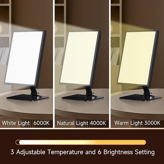 Light Therapy Lamp, UV-Free Happy Lamp 10000 Lux Desk Sun Lamp with Timing Mode & 6 Brightness & 3 Colors for Bedroom/Reading/Studying, Black