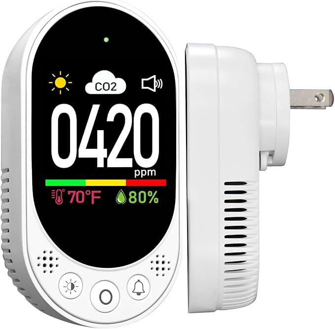 Plug-in CO2 Detector, 3-in-1 Air Quality Monitor with Temperature & Humidity, Manual Calibration, CO2 Alarm Function, Ideal for Home, Office, School, and Gym, Real-time Monitoring -1Pack