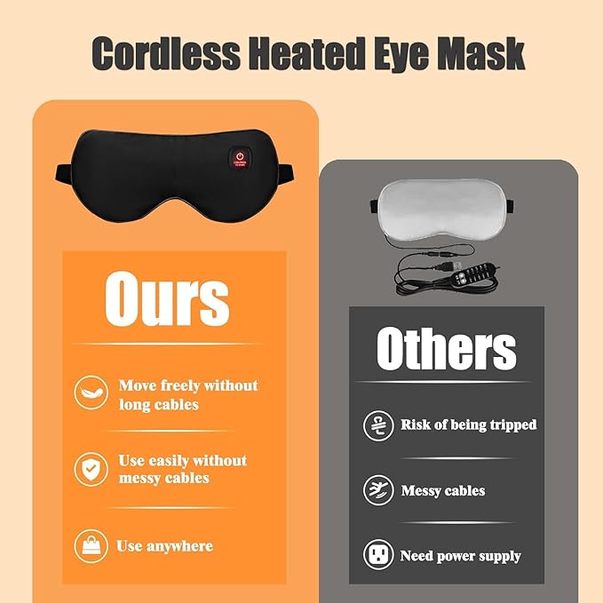 Silk Cordless Heated Eye Mask for Dry Eyes, Light Blocking Warm Eye Compress, Improved Sleep, with 3 Heat Settings, Washable Heating Pad for Migraine, Travel, Rechargeable, Men Women