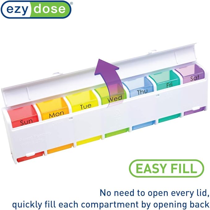 Ezy Dose Weekly (7-Day) Pill Case, Medicine Planner, Vitamin Organizer Box, Convenient and Easy to Use, Detachable Compartments, Travel Friendly, Rainbow Colors, BPA Free