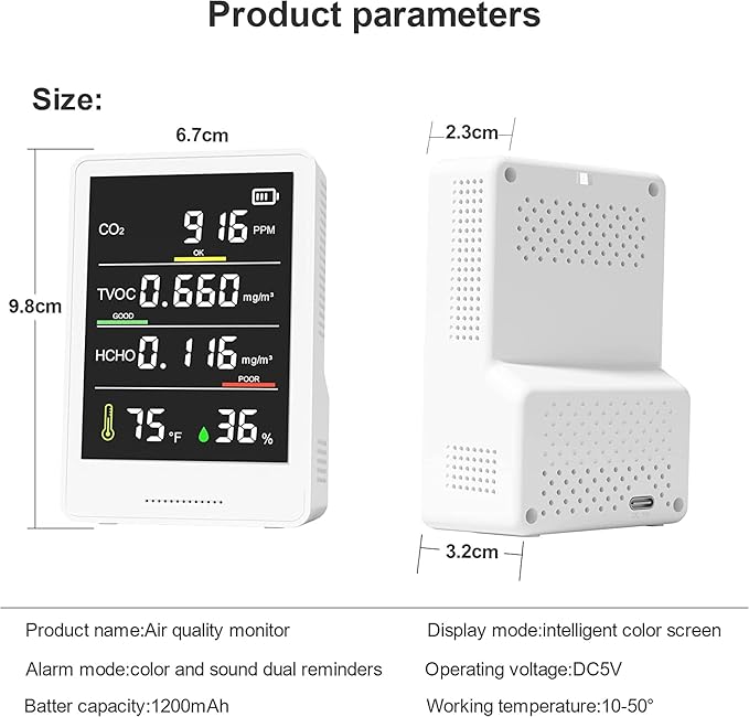 5-in-1 Professional Indoor Air Quality Monitor Indoor Portable CO2 Monitor | Temperature | Formaldehyde Detector | Humidity TVOC | Air Quality Tester - Confined Space Clean Air Monitor (White)