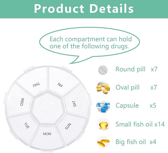 2PCS Pill Organizer Transparent Medicine Case Weekly Pill Box Travel Portable Pill Container with 7 Compartments （2PCS+Bag 2PCS）