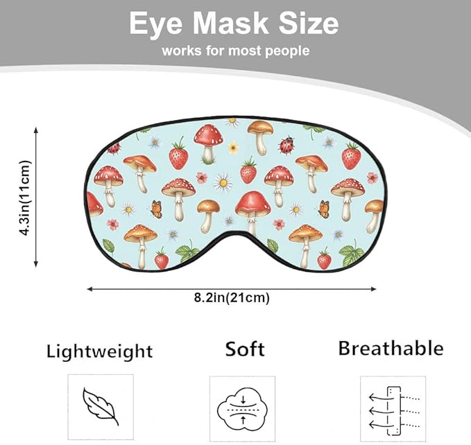 Mushrooms Silk Eye Mask Sleep Mask Summer Flowers Strawberry Butterfly Berries Eye Mask with Adjustable Strap Lightweight for Women Work Travel Night Sleep