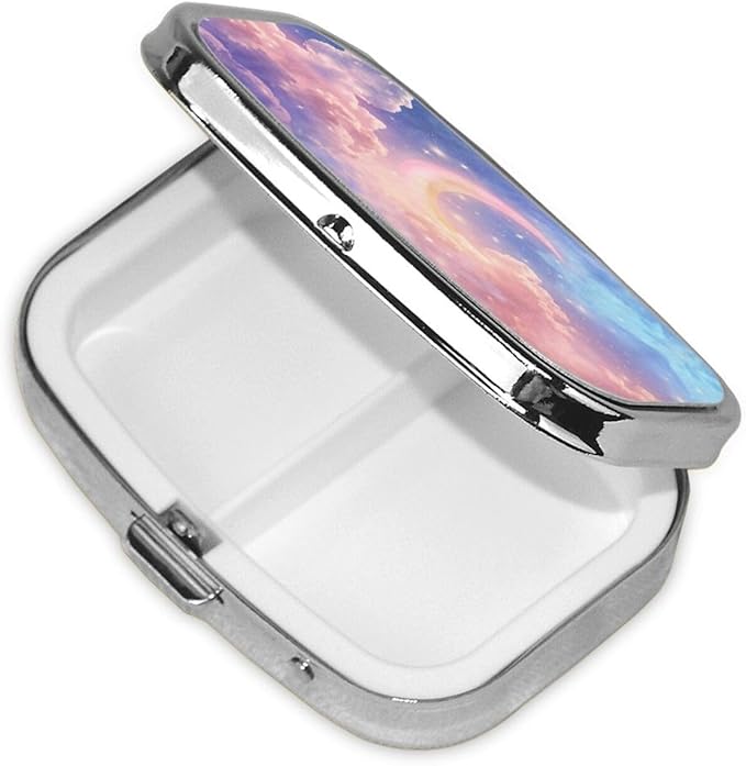 Dreamy Moon and Stars in Cloud Pill Box with Mirror 2 Compartments Square Pill Organizer for Pocket