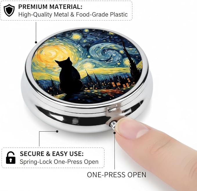 Starry Night Pill Box 3 Compartment Small Pill Case,Portable for Pocket or Purse Pill Organizer Pill Container Holder with Mirror to Hold Vitamins, Medication, Fish Oil and Supplements