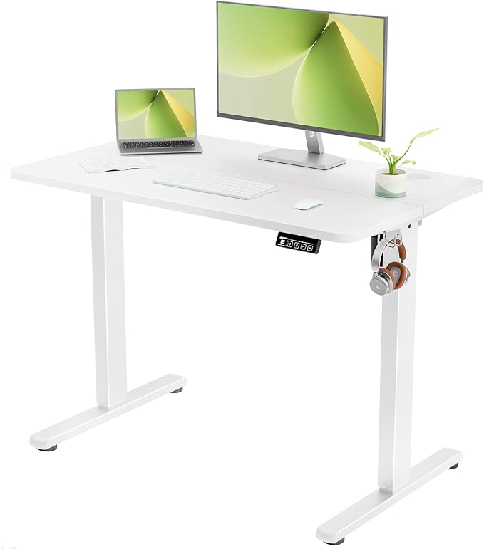 ERGOMAKER Electric Standing Desk, 39.4" x 23.6" Height Adjustable Sit Stand Desk with Splice Board for Home Office, Computer Desk Memory Preset (White Frame, White Desktop)