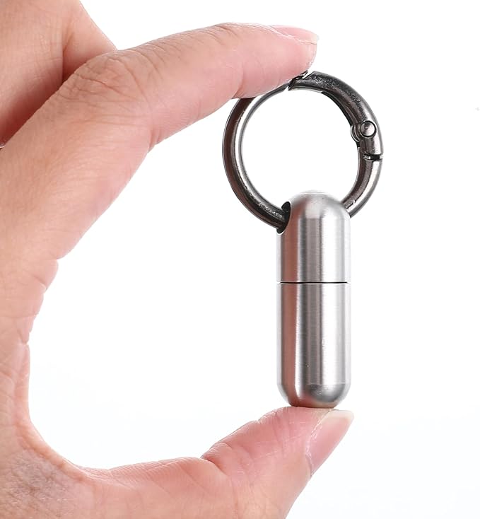 Small Pill Case Keychain Tiny Portable Pill Container Carabiner Clip Medicine Holder Bottle Mini Waterproof Metal Emergency Medicine Organizer for Travel Purse Outdoor Camping (2 Compartment)