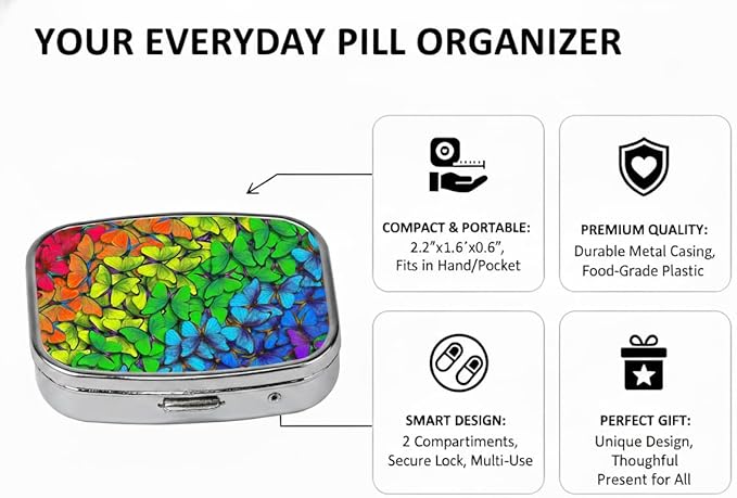 Butterfly Pill Box 2 Compartment Small Pill Case,Portable for Pocket or Purse Pill Organizer Pill Container Holder with Mirror to Hold Vitamins, Medication, Fish Oil and Supplements