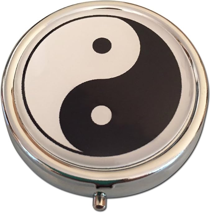 Yin Yan Round 3-Compartment Chrome Pill Box – Metal Travel Medicine Organizer for Pills, Vitamins, and Small Items – Compact Pill Case (1.77" Diameter x 0.63" Thick)
