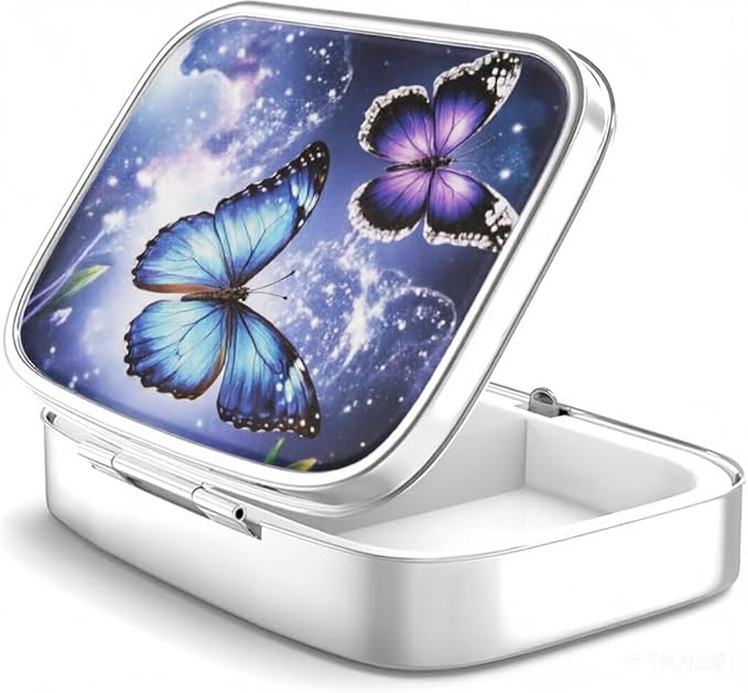 WATASSA Pill Box with Animal Style Mirror All-in-One 2-Compartment Portable Medicine Organizer, Marble Pattern Travel Pill Case for Vitamins&Daily Medication(Fits Pocket/Purse) (Iridescent Butterfly)