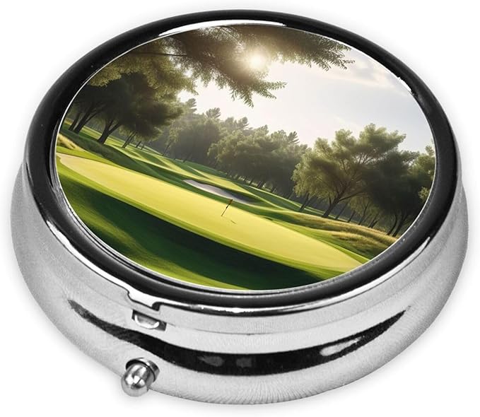 Golf Course Printed Pill Organizer,Round Travel Pill Organizer Mini Medicine Pill Box for Purse Iron Plating