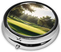 Golf Course Printed Pill Organizer,Round Travel Pill Organizer Mini Medicine Pill Box for Purse Iron Plating