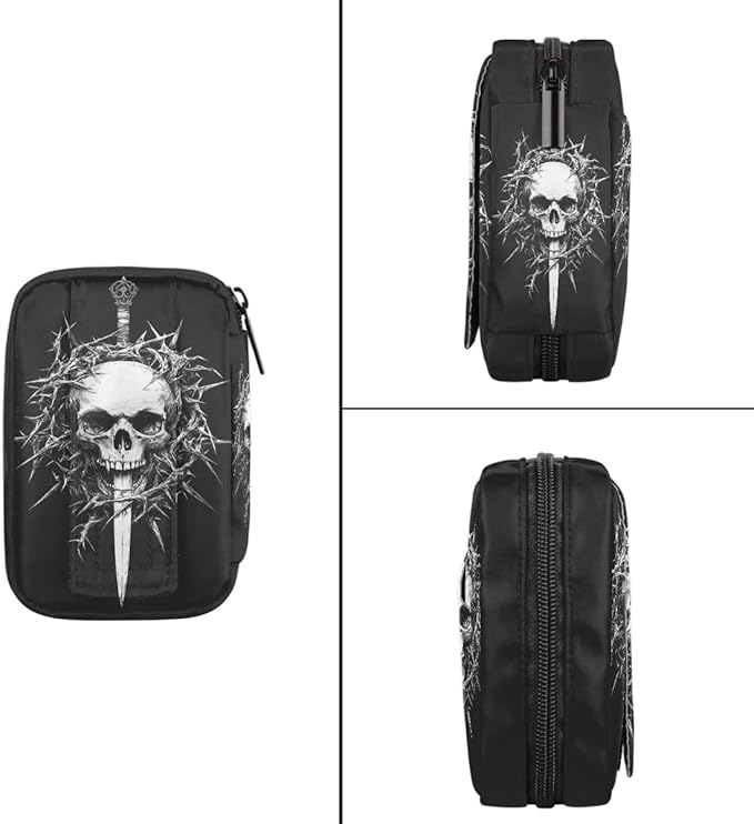 White Skull Art Pill Case Travel Pill Organizer Weekly 7 Day Portable with Zipper Medicine Box Pill Case for Vitamins, Birth Control,Fish Oils,Medication, Supplements