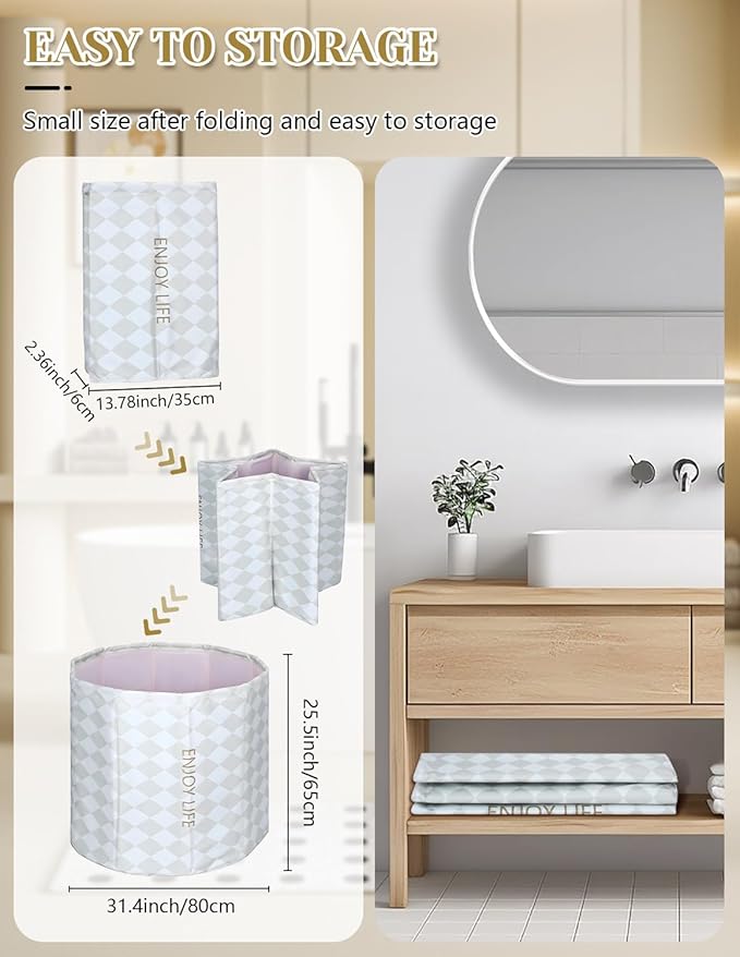 Portable Bathtub for Adults, Collapsible Freestanding Bathtub for Shower, Hot Ice Bath Tubs with Thickened Thermal Foam to Keep Temperature, PVC Outdoor Soaking Tub (Argyle)