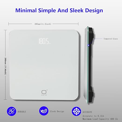 O'CARE Digital Bathroom Scale,Highly Accurate Body Weight Scale, Large Clear LED Display, Differential Display, Including 4*AAA Battery, Measures Weight up to 400LB (White)