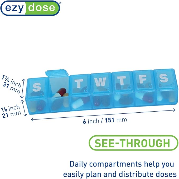 EZY DOSE Weekly (7-Day) Daily Pill Case, Medicine Planner, Vitamin Organizer, Supplement Container, Convenient and Easy to Use, Large Compartments, Travel Friendly, Color May Vary, BPA Free