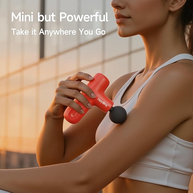 Super Mini Massage Gun Deep Tissue, Handheld Muscle Massager with 4 Heads, Percussion Travel Size Massager Gun for Men & Women Back Pain Relief, Quiet for Home, Gym, Office, Red