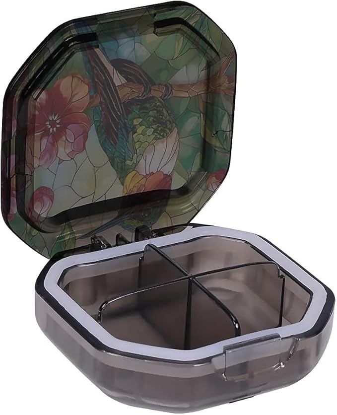 This Portable Vintage Stained Glass Hummingbird Pattern 4-Compartment Pillbox Can Be Placed in A Pocket Or Wallet to Store Vitamins, Medicines Fish Oil Health Supplements Other Medications.