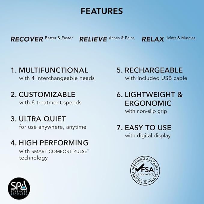 SPA SCIENCES - SmartGun Pro – Therapeutic Deep Tissue Percussion Massager – for Muscle Soreness – with Interchangeable Heads and 8 Intensity Levels – USB Rechargeable – White