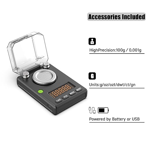 Milligram Scale 100g x 0.001g, MG Powder Scale with Selectable Auto Off, Built-in Bubble Level, 20g Calibration Weight Included, USB/Battery