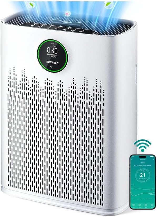 Smart Air Purifier for Home Large Rooms, with WiFi Control, Covers Up to 2400 Ft², Smart Mode, AQI Display, 22dB Sleep Mode & Aromatherapy, HAP603WF, White