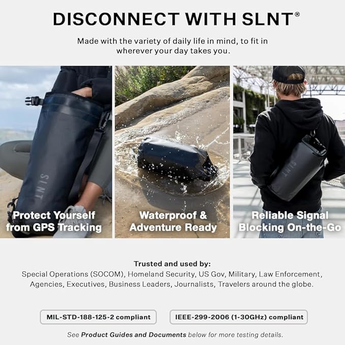 SLNT Waterproof Faraday Dry Bag - 420D Waterproof Nylon Signal Blocking Backpack - Protects Electronics from Water, Spying, Hacking - Blocks RFID, WiFi, Bluetooth, NFC, Cellular, GPS, EMF (5 Liter)