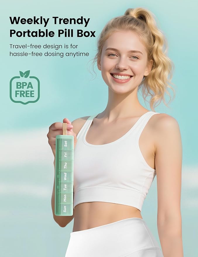 Weekly Pill Organizer, 7 Day Pill Box with Moisture-Proof Desiccant Chamber, Compact Daily Medicine Pill Case, Easy Open, Portable Handle for Vitamins & Supplements