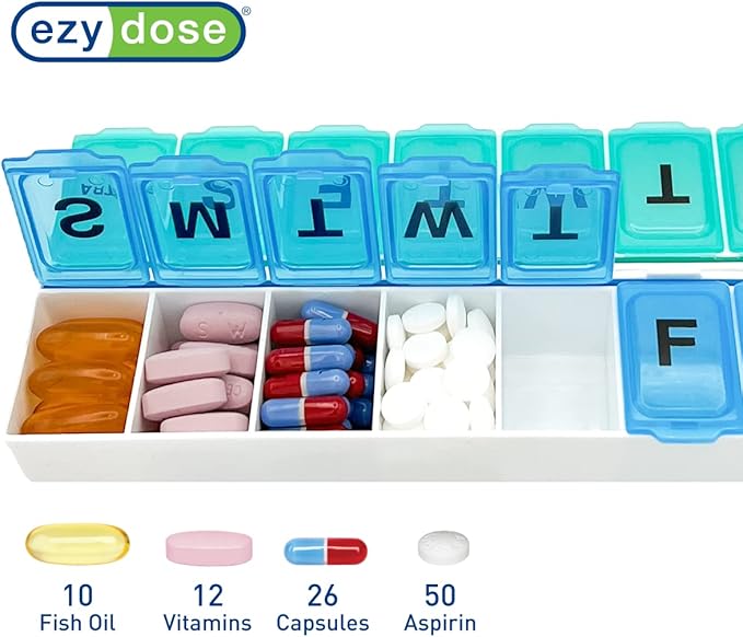 EZY DOSE Weekly (14-Day) Pill Organizer, Vitamin and Medicine Box, Large Snap Compartments, Easy-to-Open, BPA Free, Blue and Purple (Pack of 2)